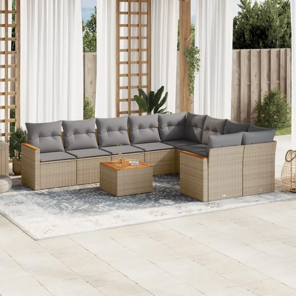 Set Divano da Giardino 10 pz con Cuscini Beige Misto Polyrattan