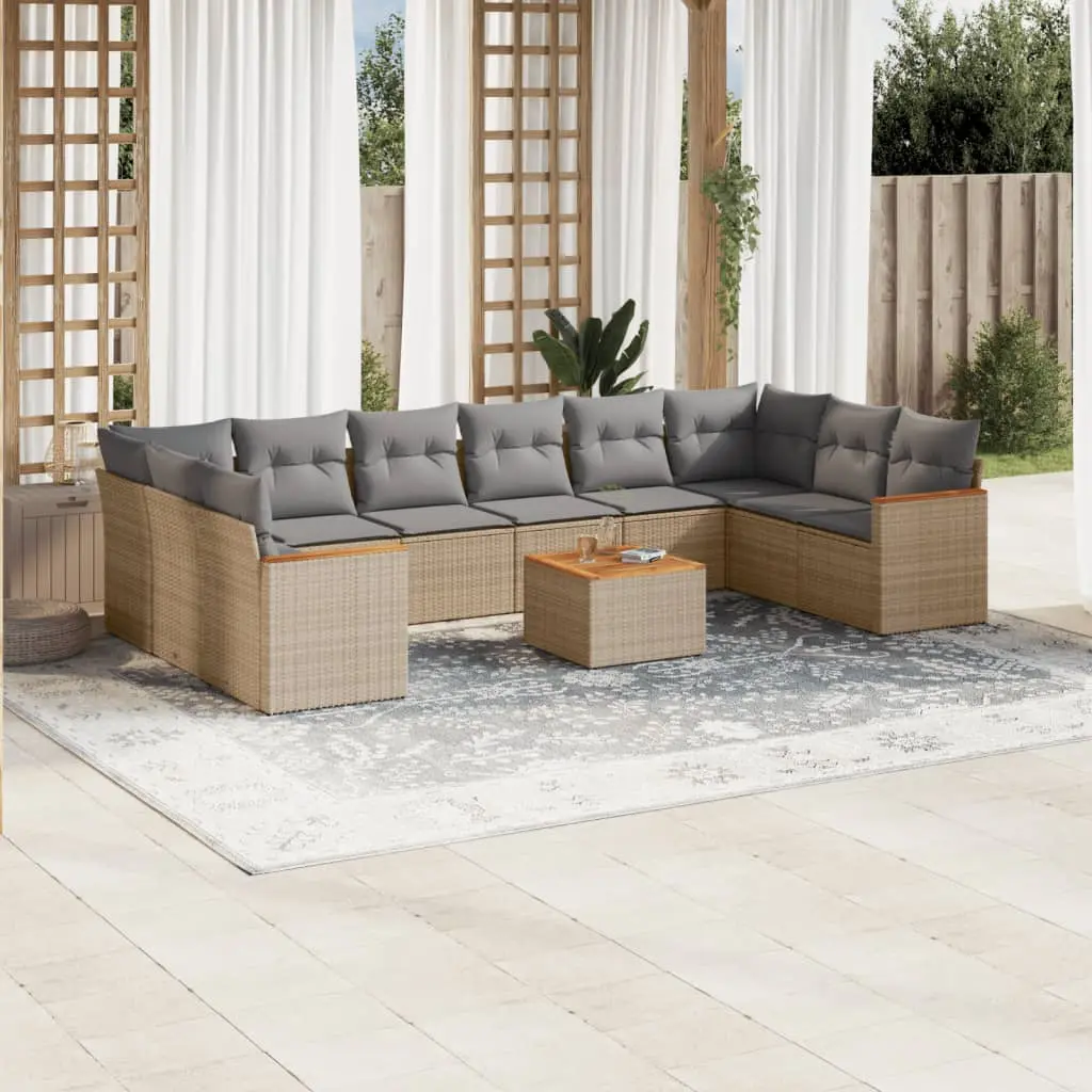 Set Divano da Giardino 11 pz con Cuscini Beige Misto Polyrattan