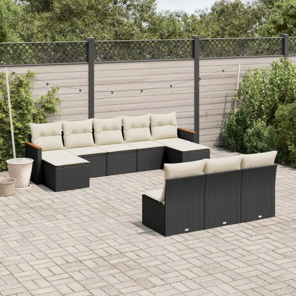 Set Divani da Giardino 10pz con Cuscini in Polyrattan Nero