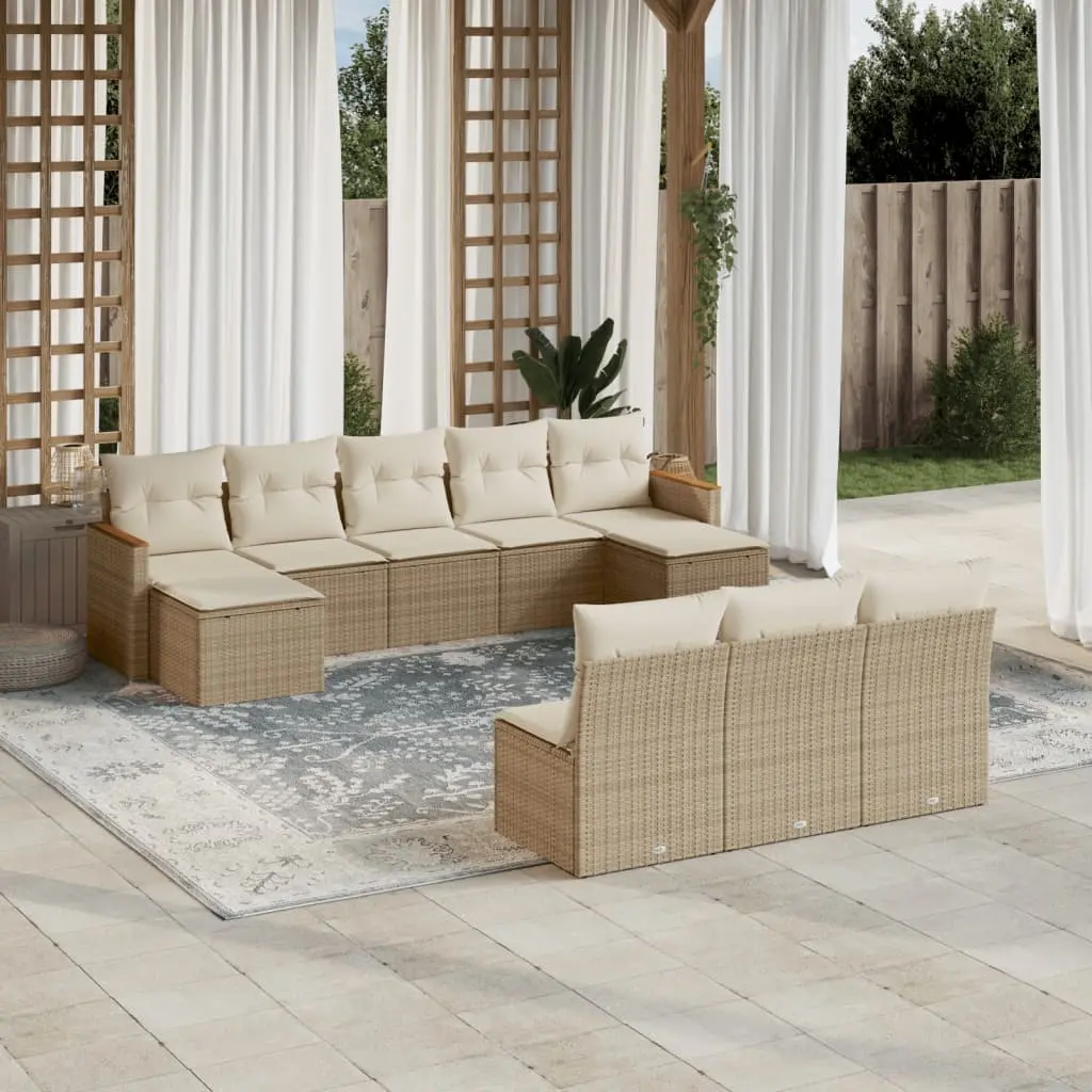 Set Divano da Giardino 10 pz con Cuscini Beige in Polyrattan