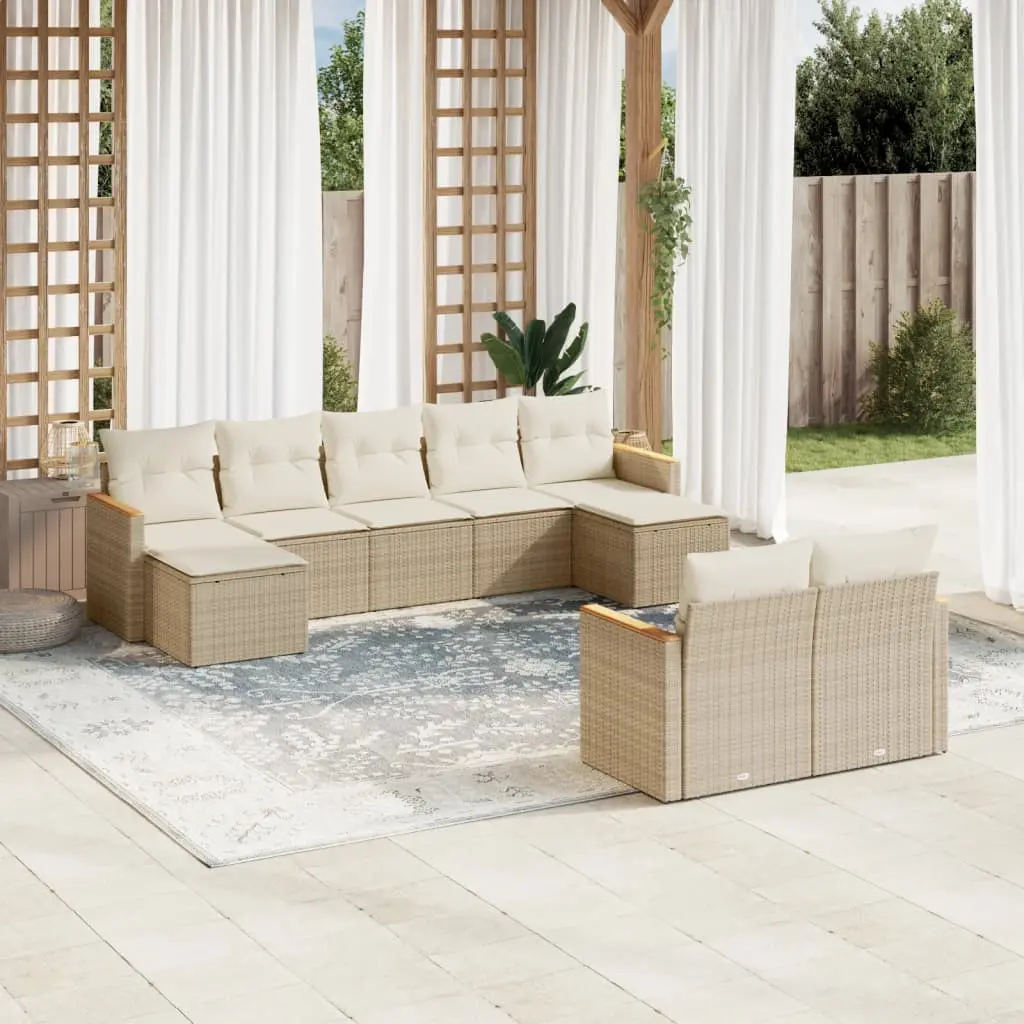 Set Divano da Giardino 9 pz con Cuscini Beige in Polyrattan