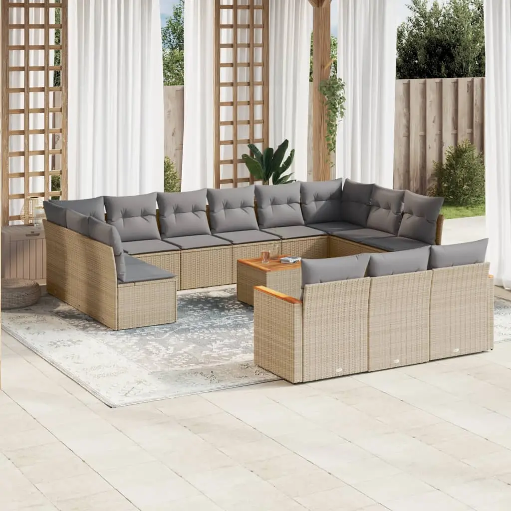 Set Divano da Giardino 14 pz con Cuscini Beige Misto Polyrattan