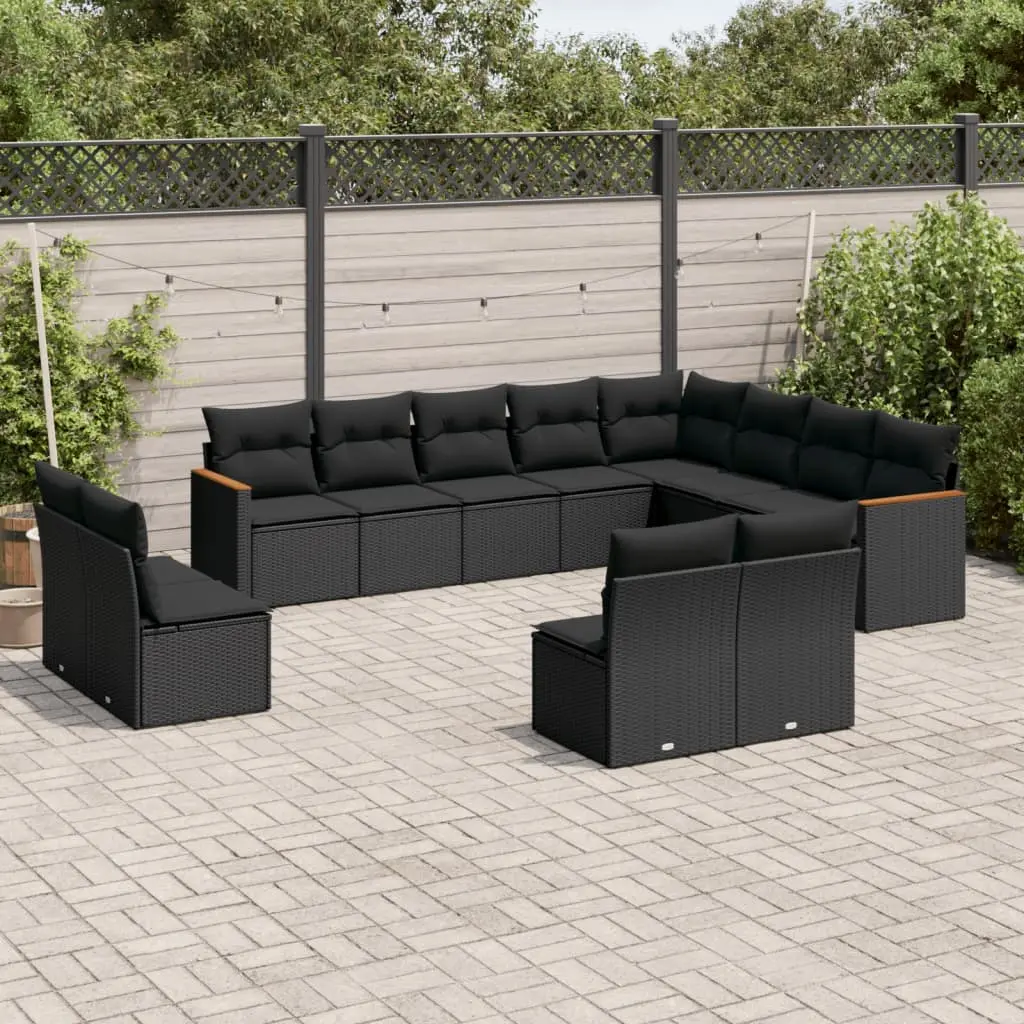 Set Divani da Giardino 12 pz con Cuscini Nero in Polyrattan