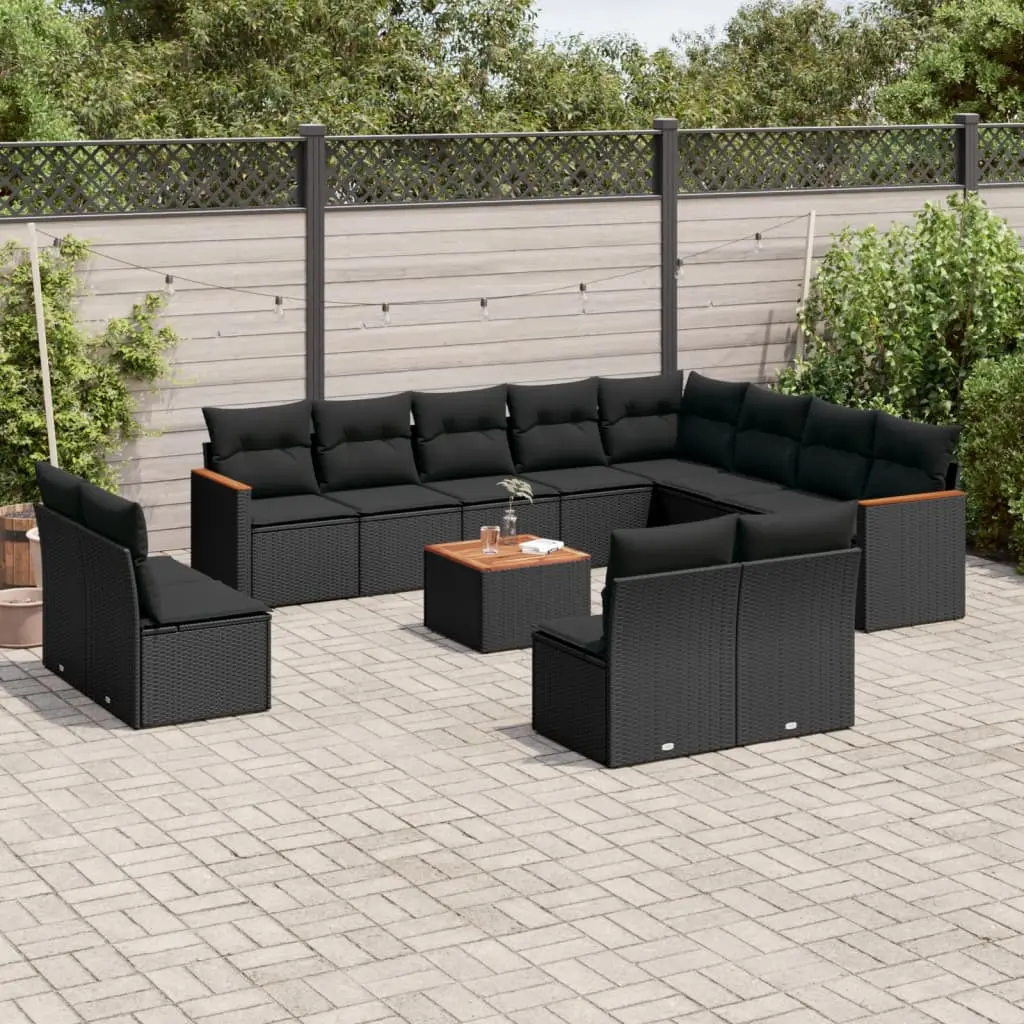 Set Divani da Giardino 13pz con Cuscini Nero in Polyrattan