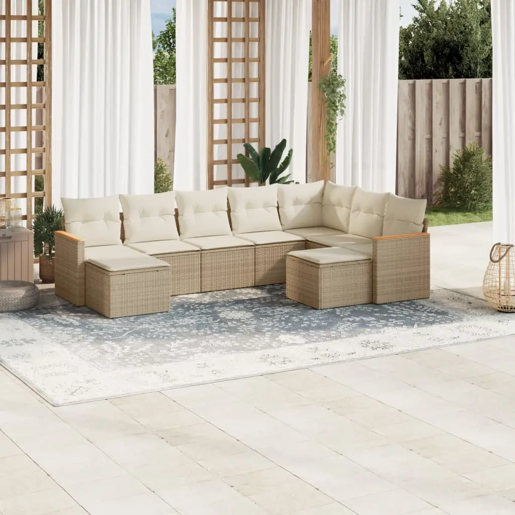 Set Divano da Giardino 9 pz con Cuscini Beige in Polyrattan