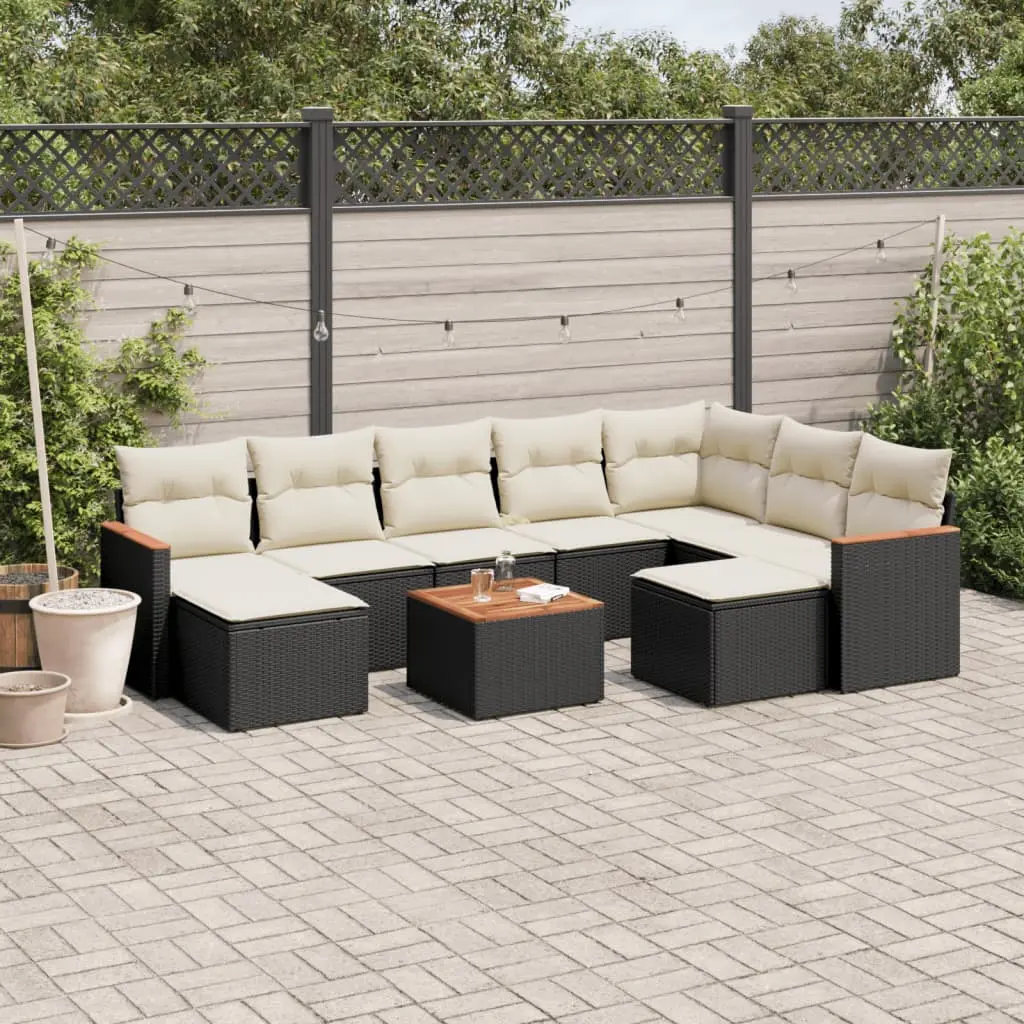 Set Divani da Giardino 10pz con Cuscini in Polyrattan Nero