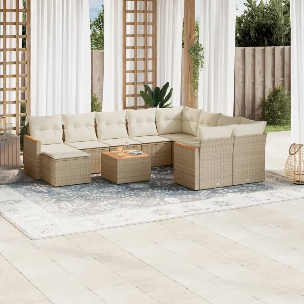 Set Divani da Giardino 11 pz con Cuscini Beige in Polyrattan