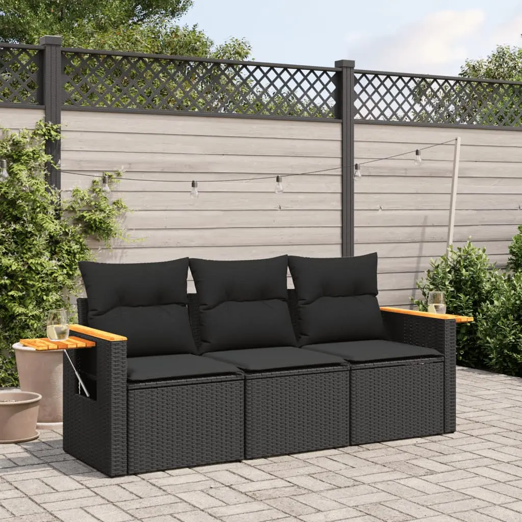 Set Divani da Giardino 3 pz con Cuscini in Polyrattan Nero