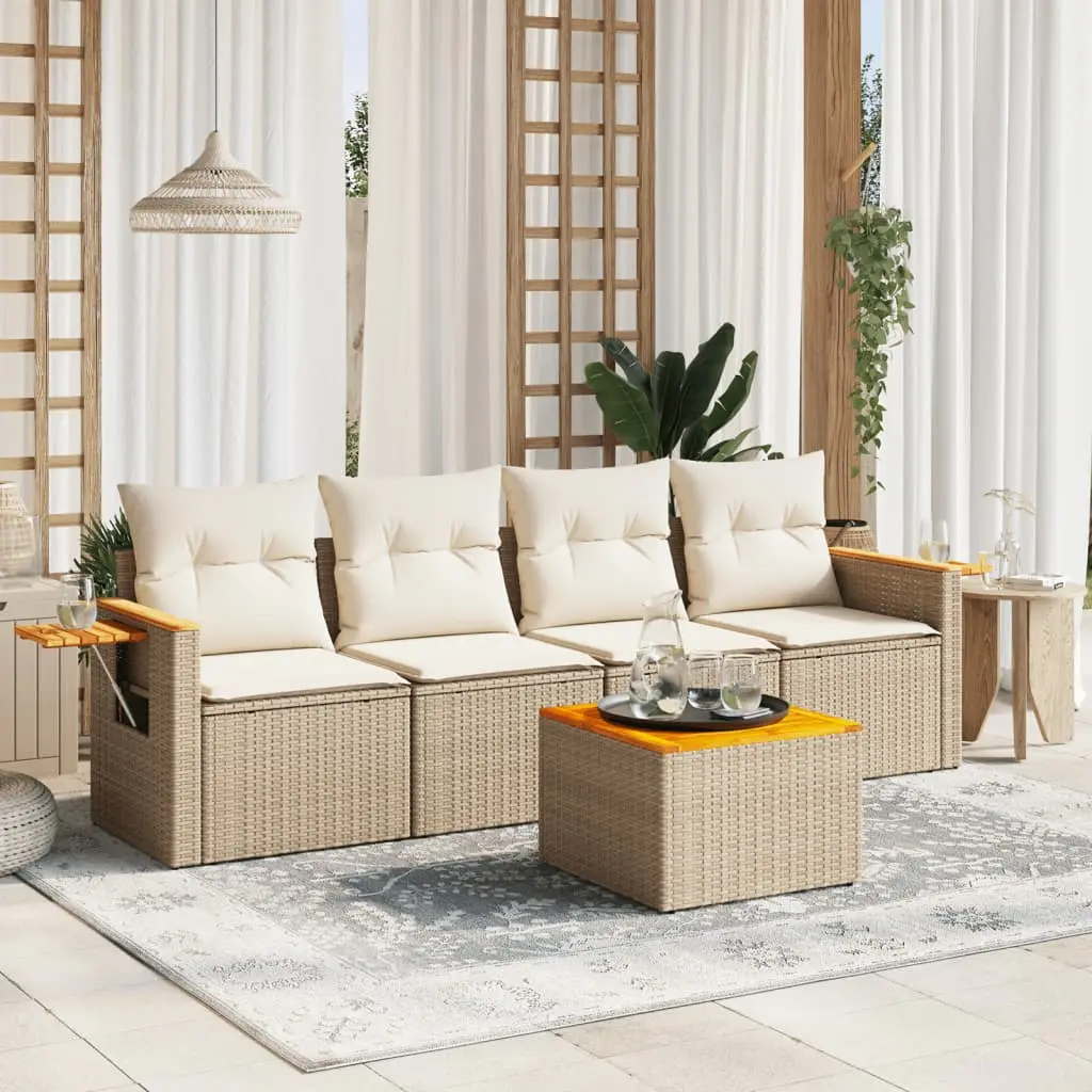 Set Divano da Giardino 5 pz con Cuscini Beige in Polyrattan