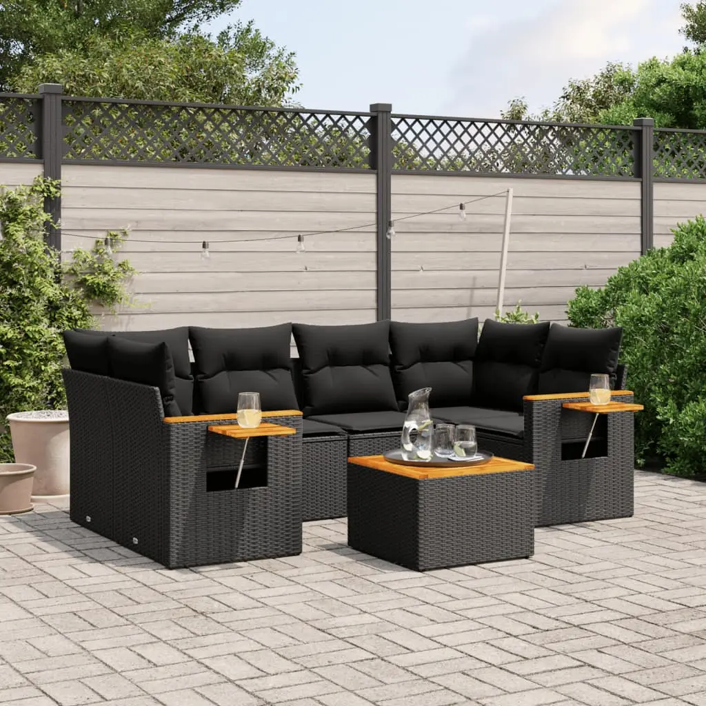 Set Divani da Giardino con Cuscini 7pz Nero Polyrattan