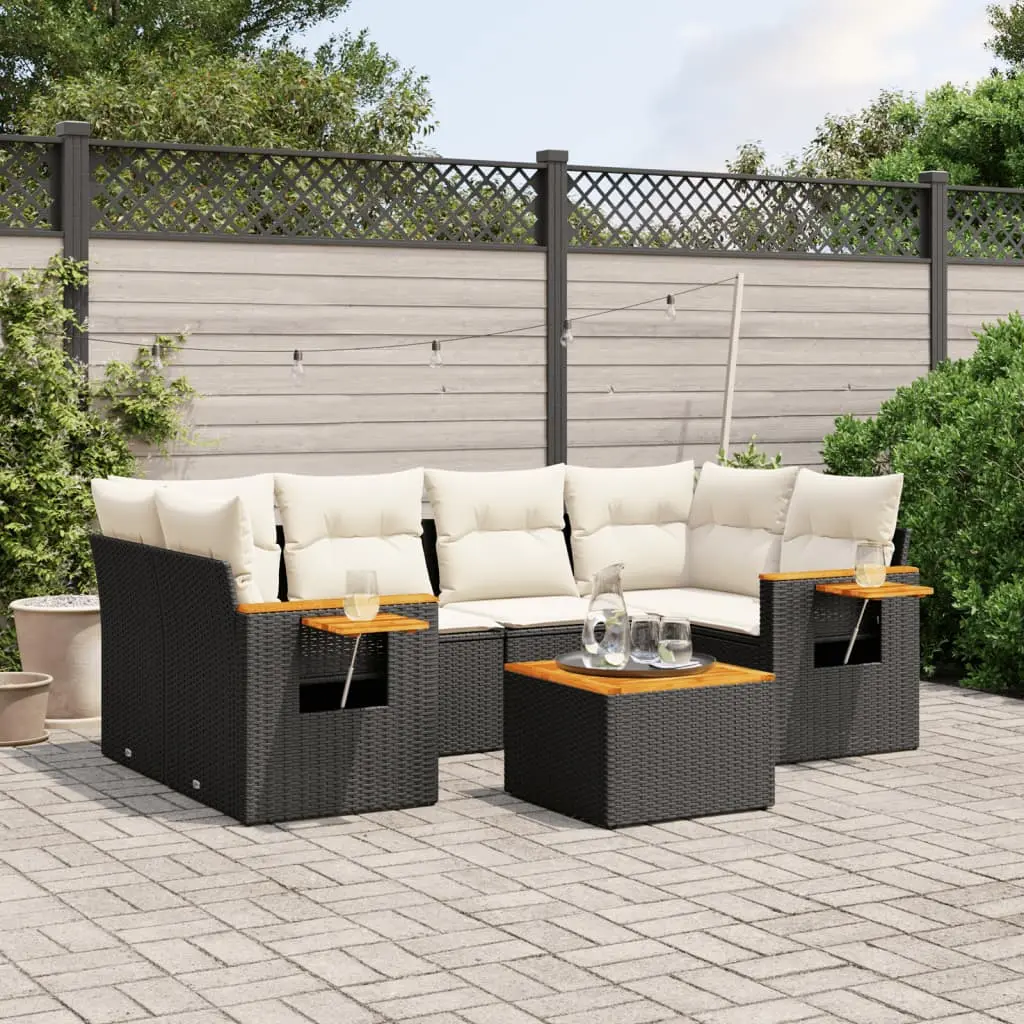 Set Divani da Giardino con Cuscini 7pz Nero Polyrattan