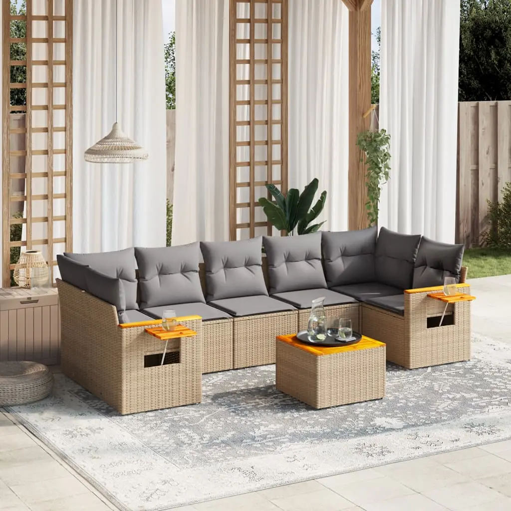 Set Divano da Giardino 8 pz con Cuscini Beige in Polyrattan