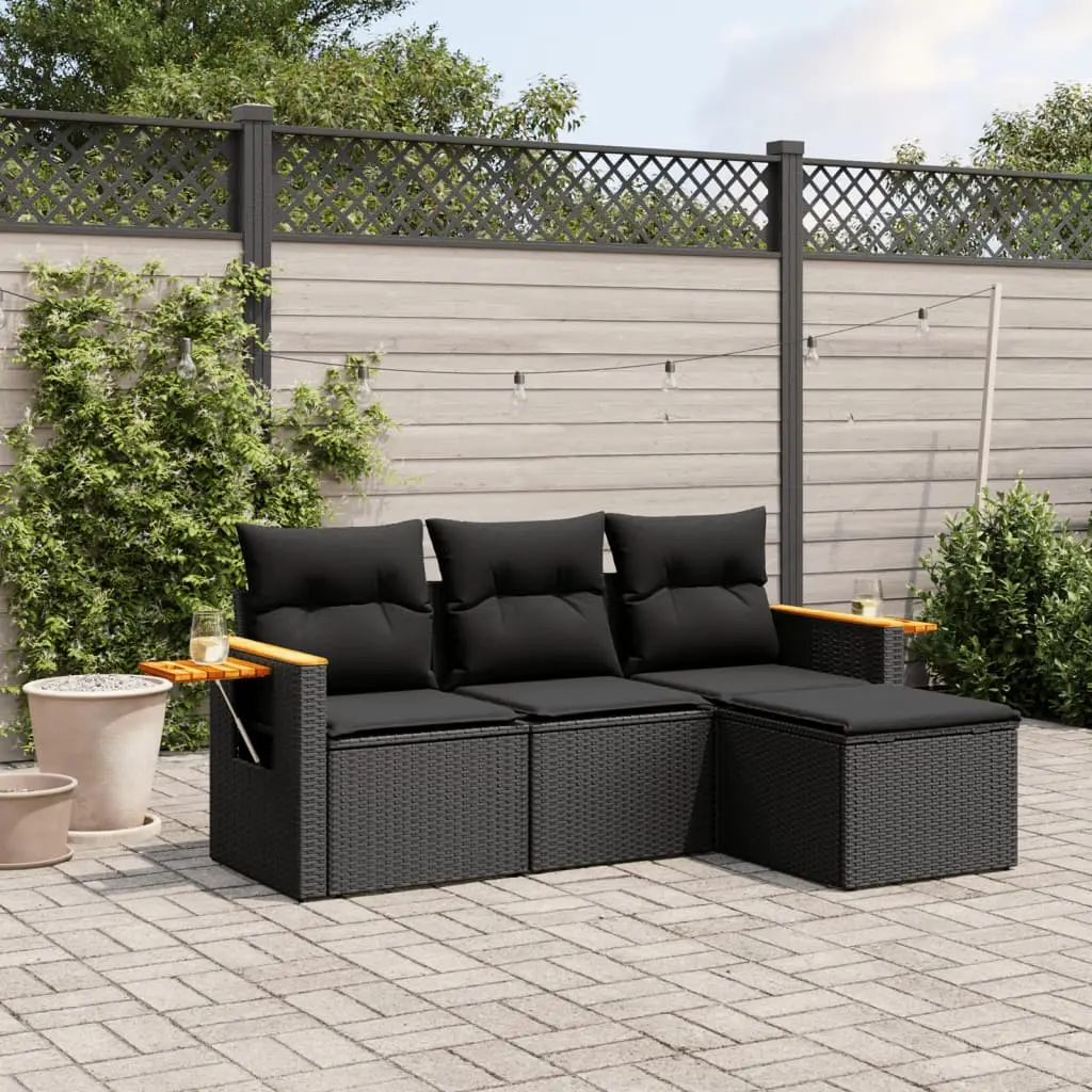 Set Divani da Giardino 4 pz con Cuscini Nero in Polyrattan