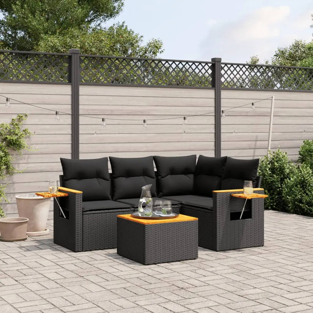 Set Divani da Giardino 5 pz con Cuscini in Polyrattan Nero