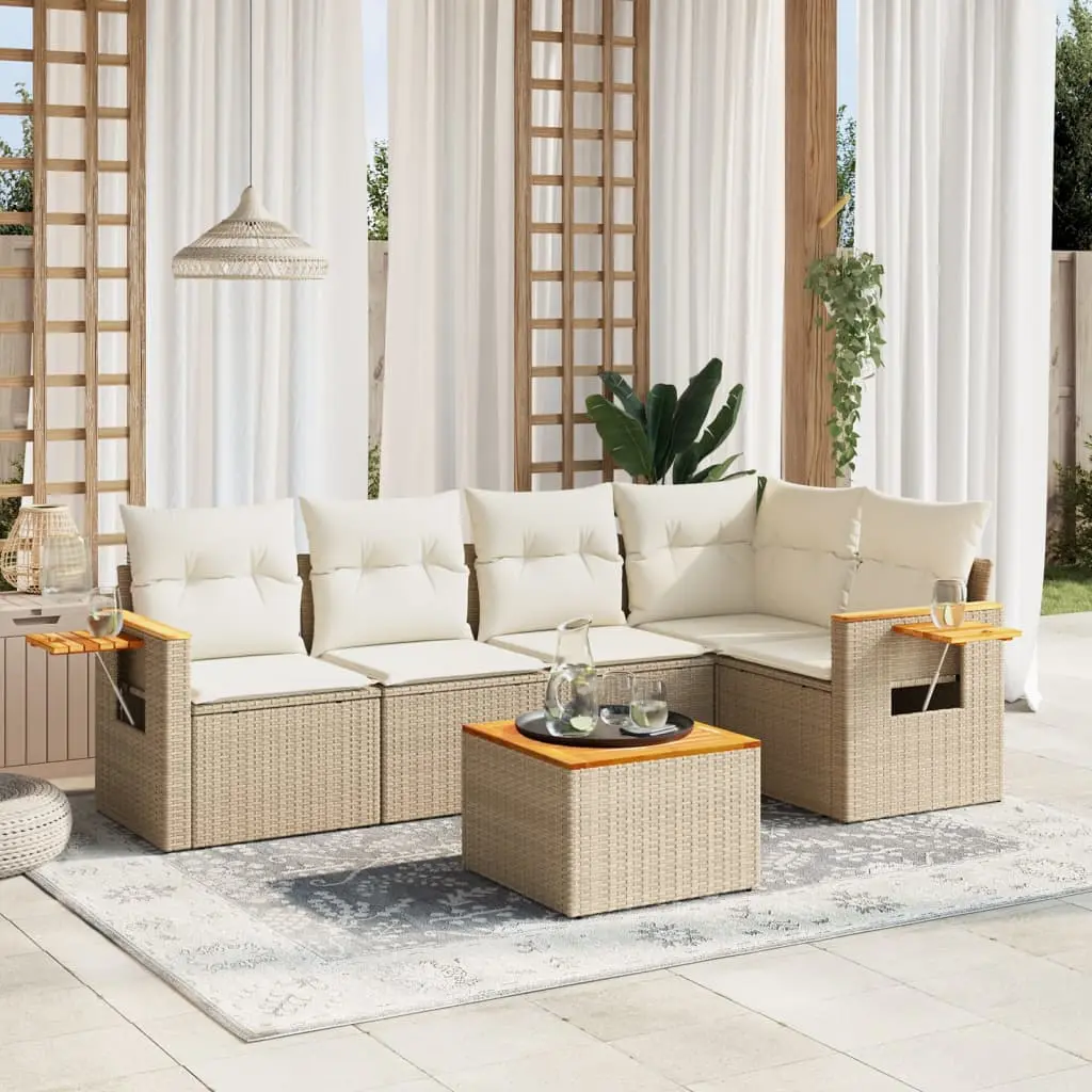 Set Divano da Giardino 6 pz con Cuscini Beige in Polyrattan