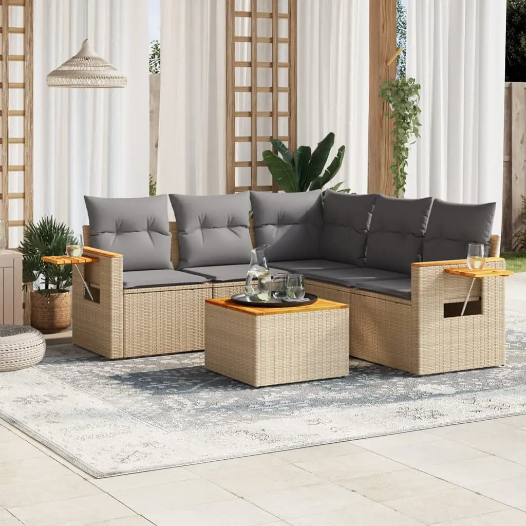 Set Divano da Giardino 6 pz con Cuscini Beige in Polyrattan