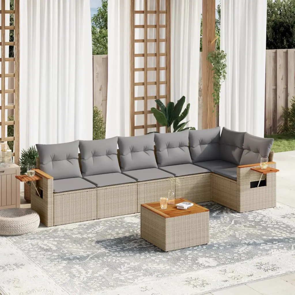 Set Divani da Giardino 7 pz con Cuscini Beige in Polyrattan