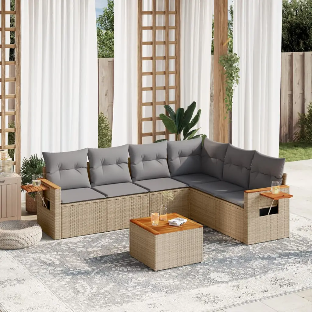 Set Divani da Giardino 7 pz con Cuscini Beige in Polyrattan