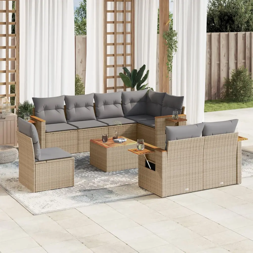 Set Divano da Giardino 9 pz con Cuscini Beige in Polyrattan