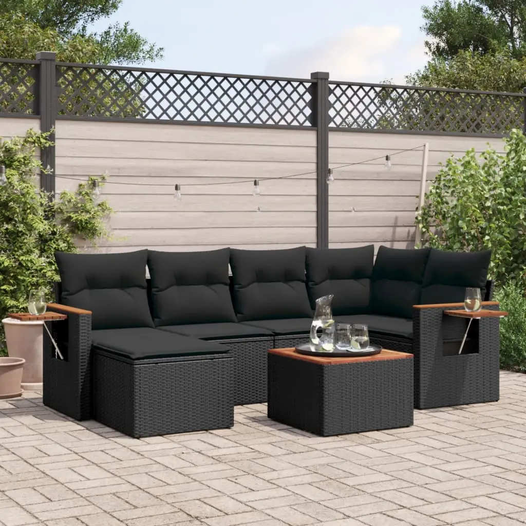 Set Divani da Giardino con Cuscini 7pz Nero Polyrattan