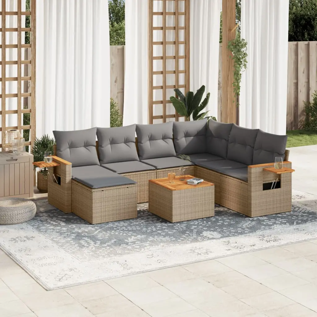 Set Divano da Giardino 8 pz con Cuscini Beige in Polyrattan