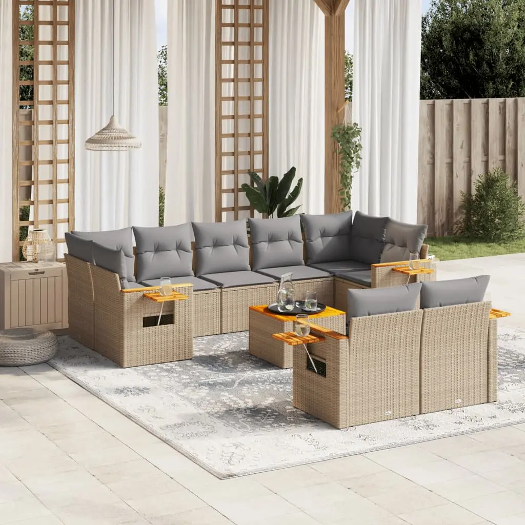 Set Divano da Giardino 10 pz con Cuscini Beige in Polyrattan