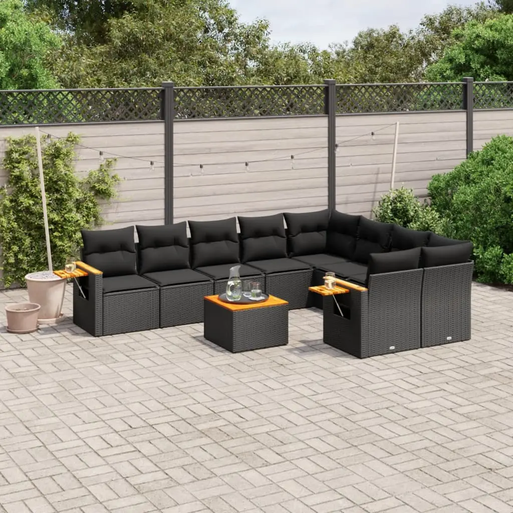 Set Divani da Giardino 10pz con Cuscini in Polyrattan Nero