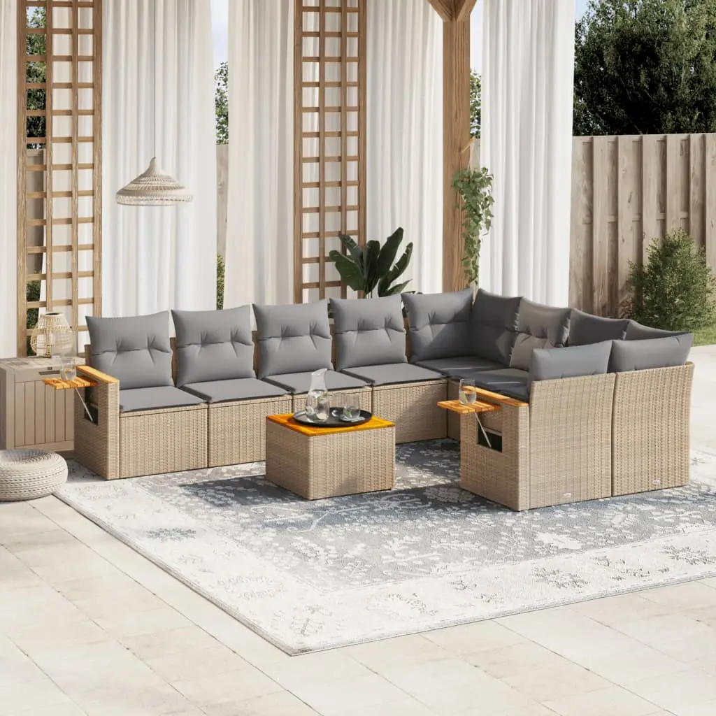 Set Divano da Giardino 10 pz con Cuscini Beige in Polyrattan