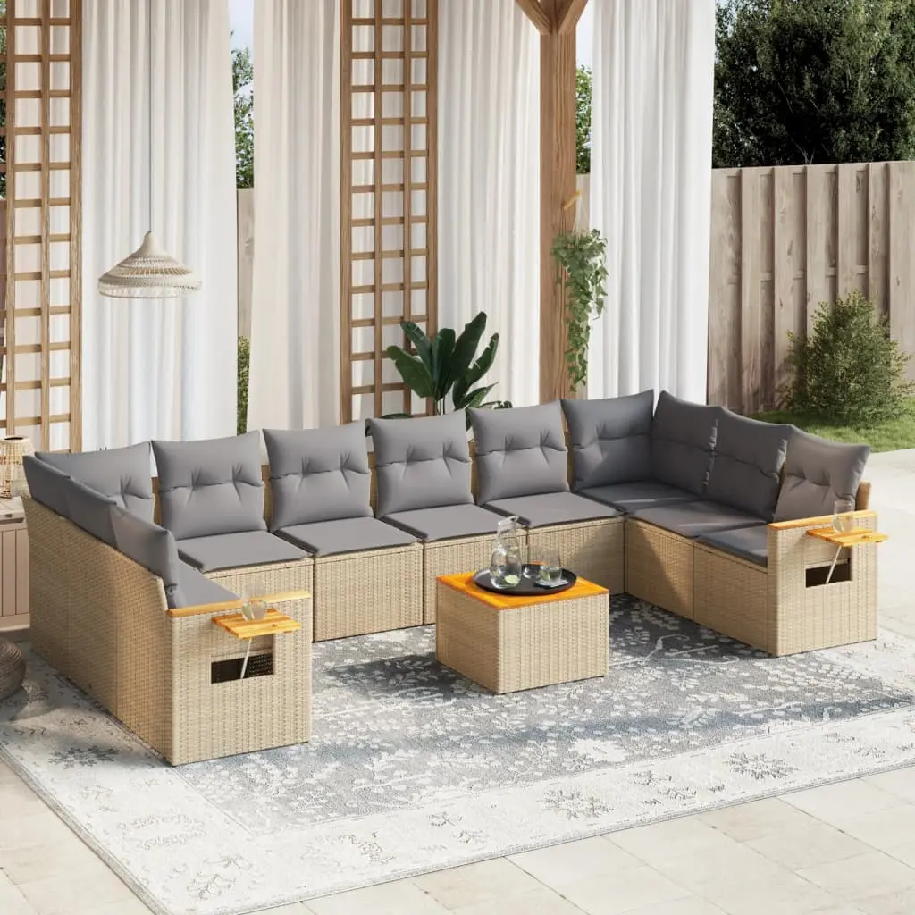 Set Divani da Giardino 11 pz con Cuscini Beige in Polyrattan