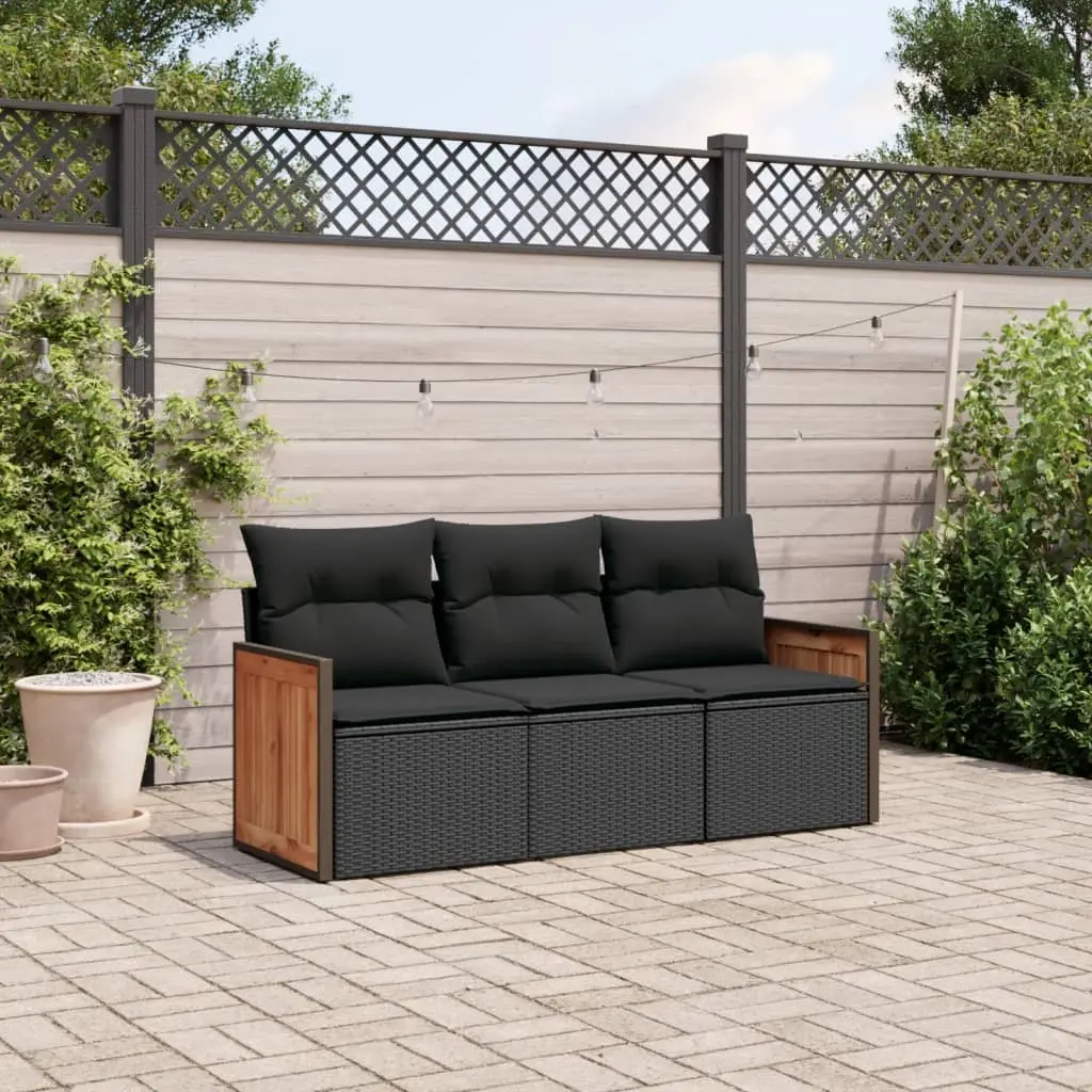 Set Divani da Giardino 3 pz con Cuscini in Polyrattan Nero