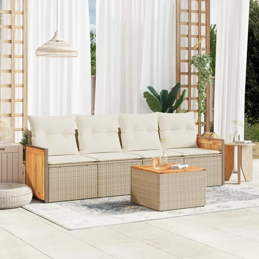 Set Divano da Giardino 5 pz con Cuscini Beige in Polyrattan