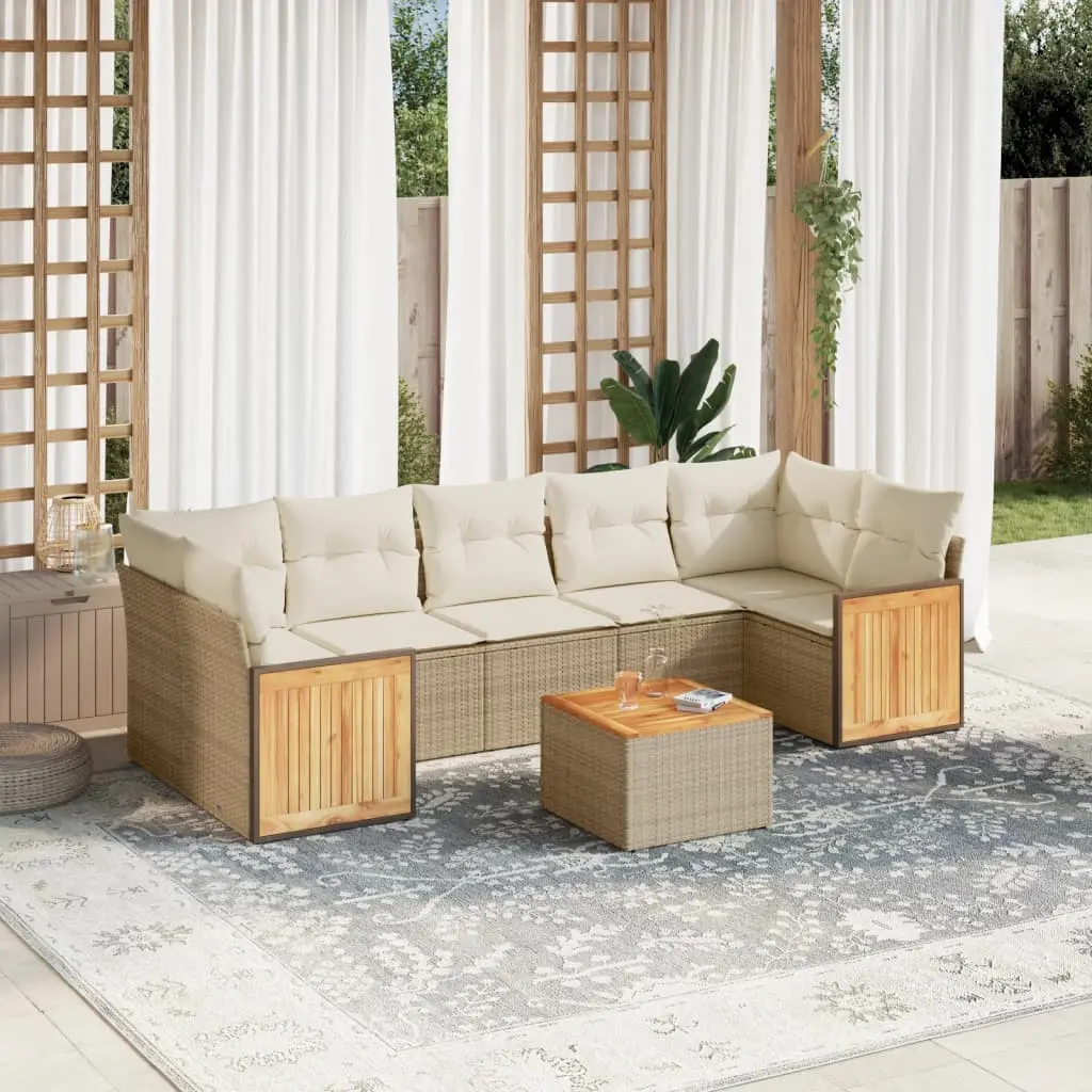 Set Divano da Giardino 8 pz con Cuscini Beige in Polyrattan