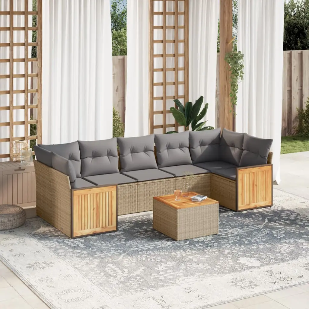 Set Divano da Giardino 8 pz con Cuscini Beige in Polyrattan