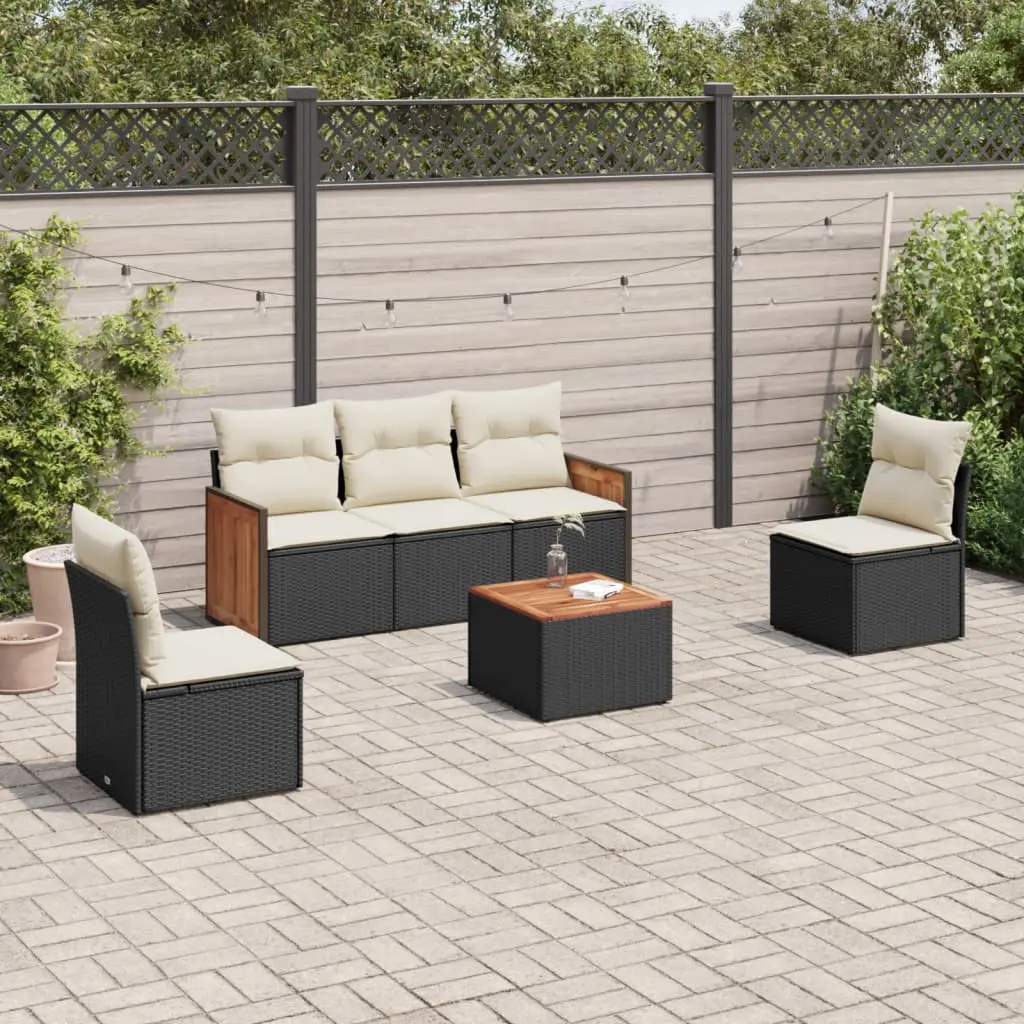 Set Divano da Giardino 6 pz con Cuscini Nero in Polyrattan