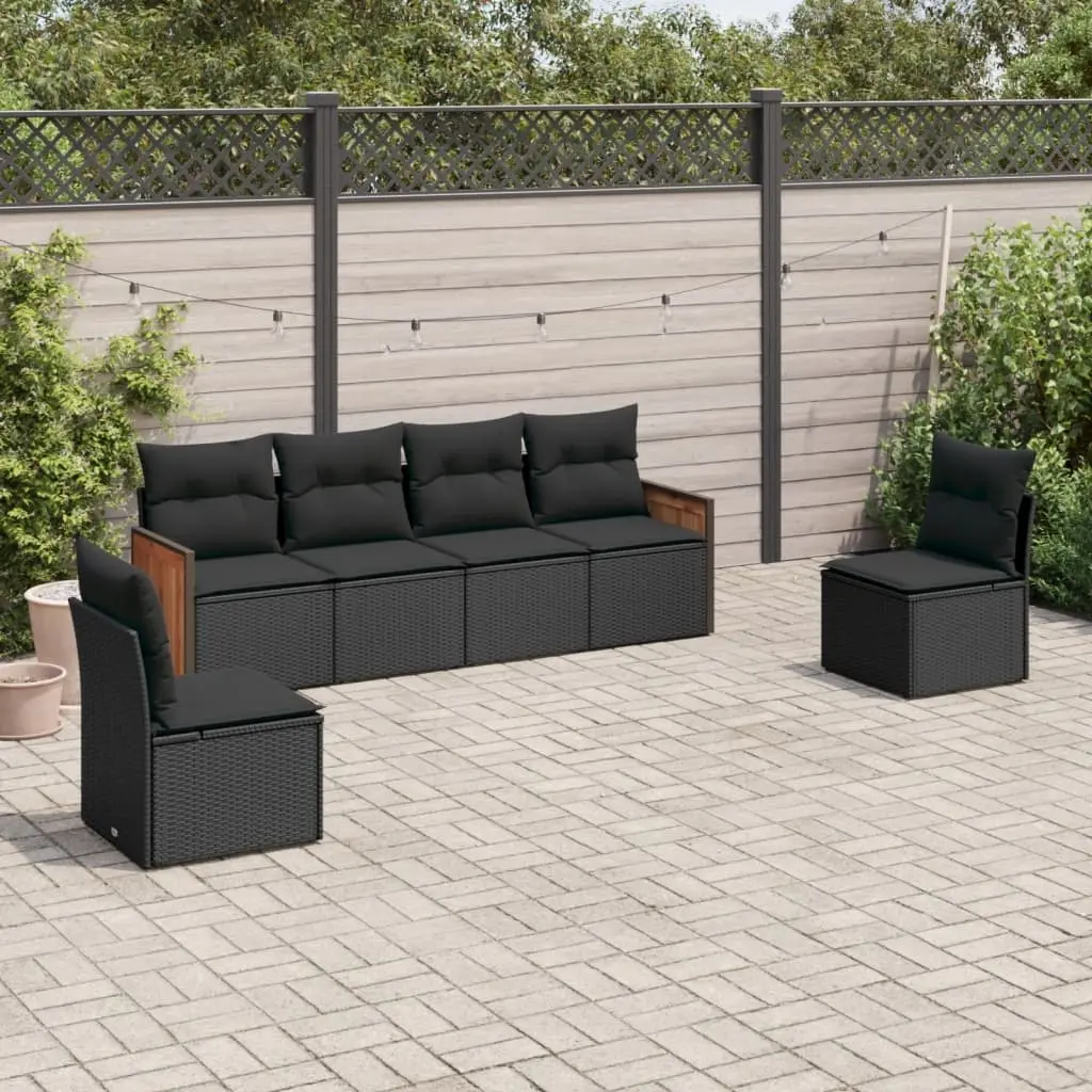 Set Divano da Giardino 6 pz con Cuscini Nero in Polyrattan