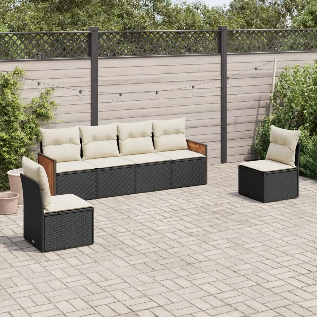 Set Divano da Giardino 6 pz con Cuscini Nero in Polyrattan