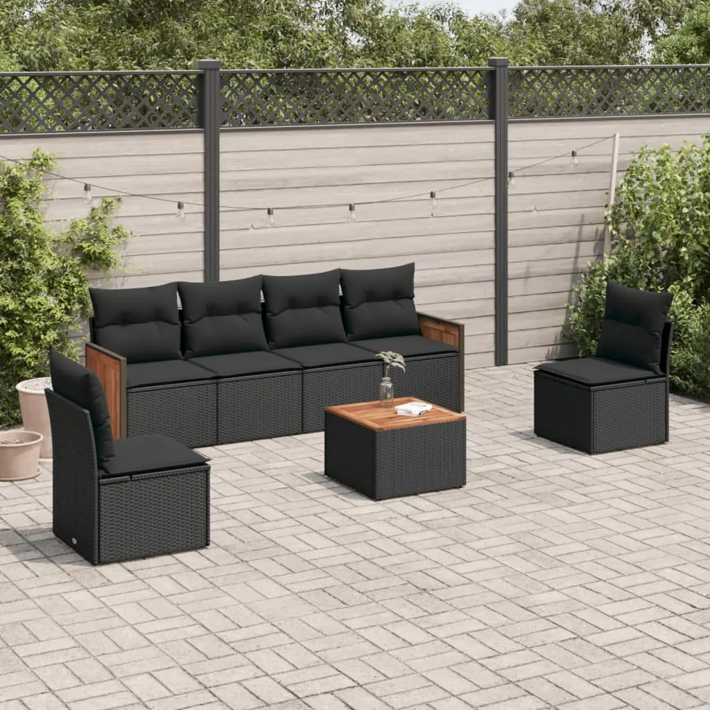 Set Divani da Giardino con Cuscini 7pz Nero Polyrattan