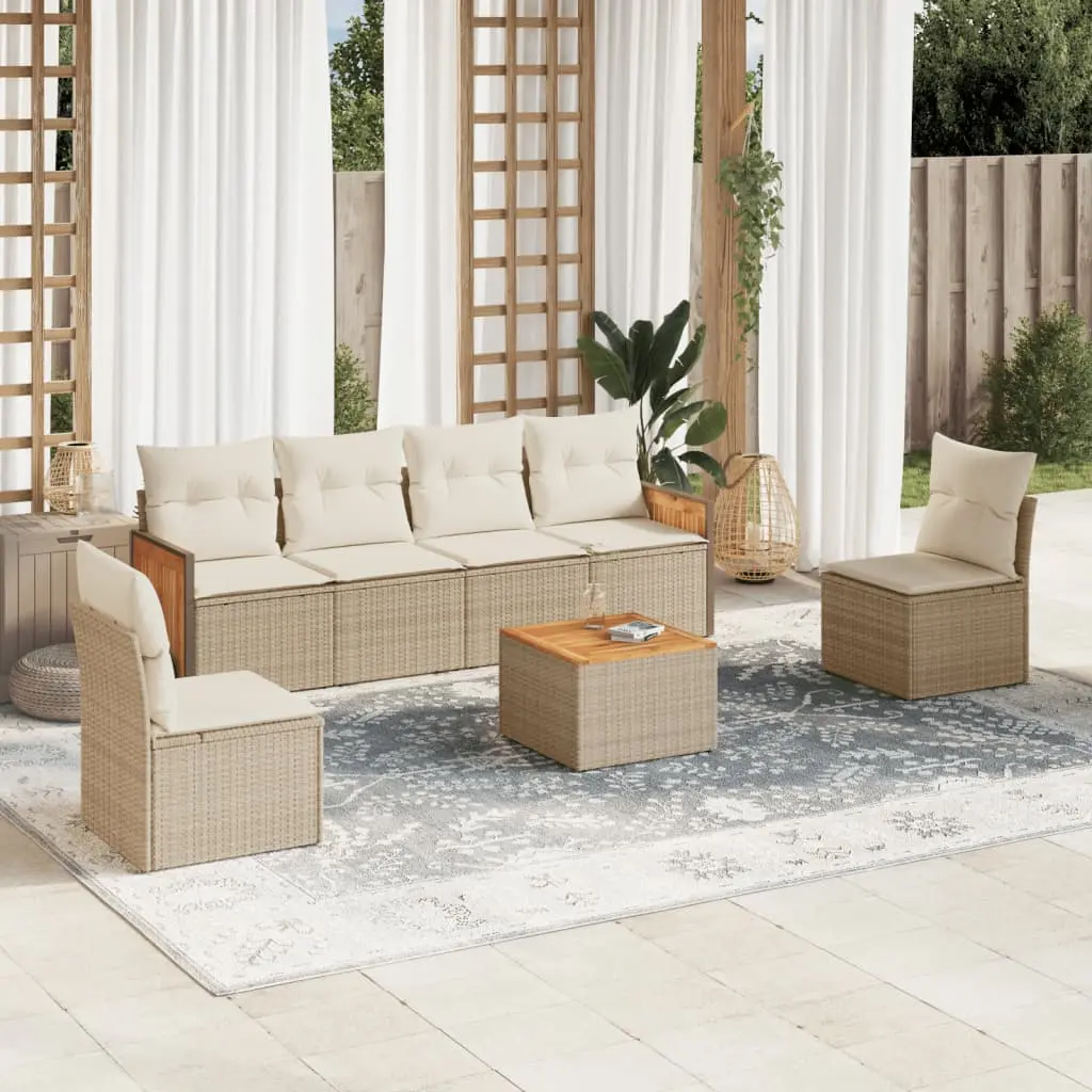 Set Divani da Giardino 7 pz con Cuscini Beige in Polyrattan