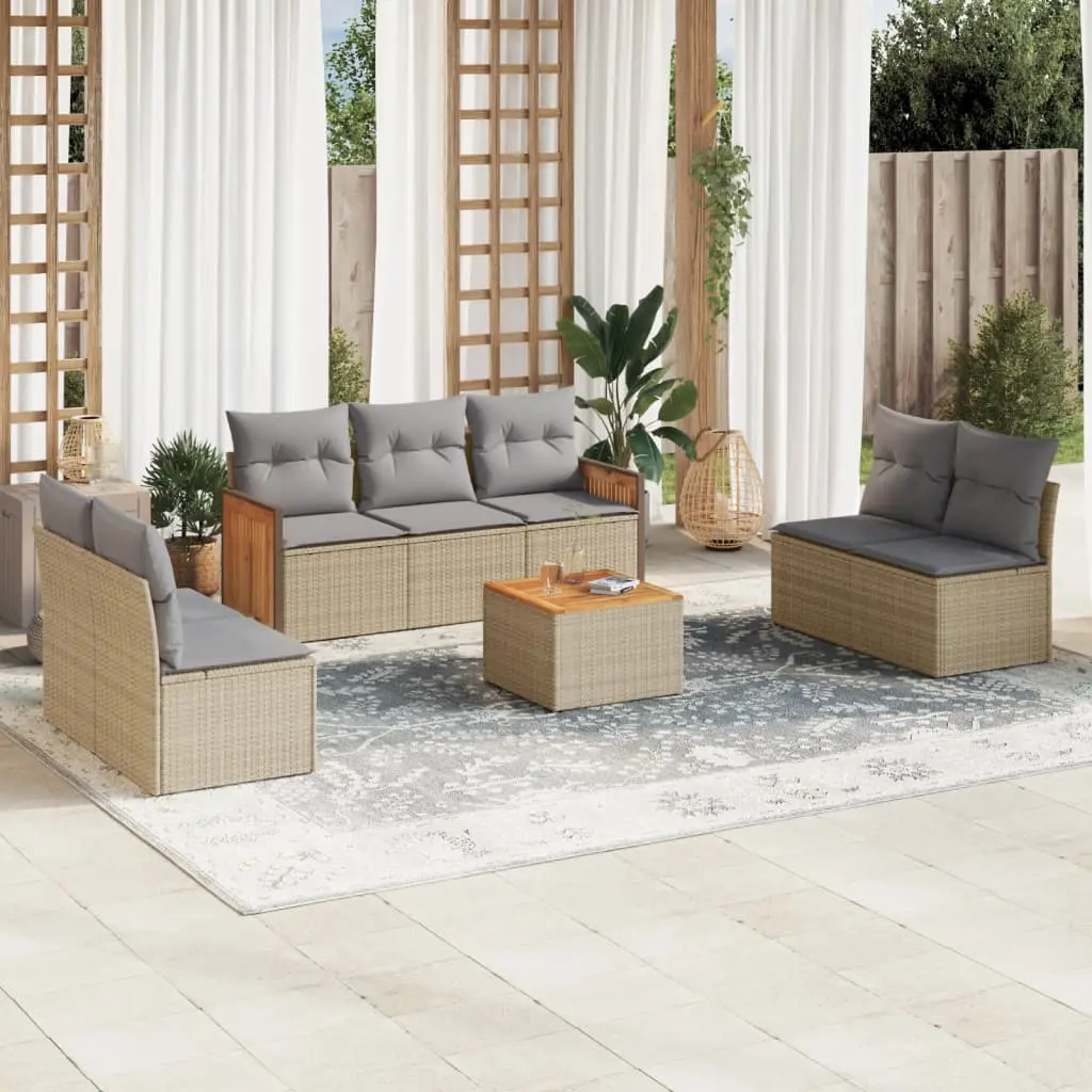 Set Divano da Giardino 8 pz con Cuscini Beige in Polyrattan