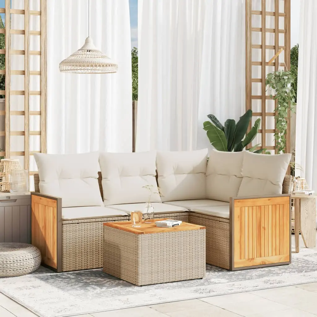 Set Divano da Giardino 5 pz con Cuscini Beige in Polyrattan