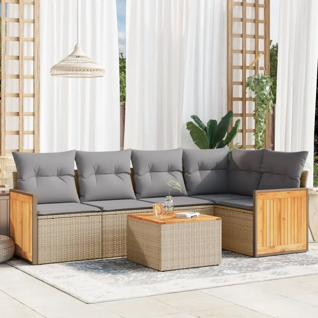 Set Divano da Giardino 6 pz con Cuscini Beige in Polyrattan