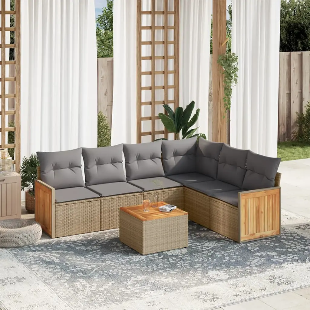 Set Divani da Giardino 7 pz con Cuscini Beige in Polyrattan