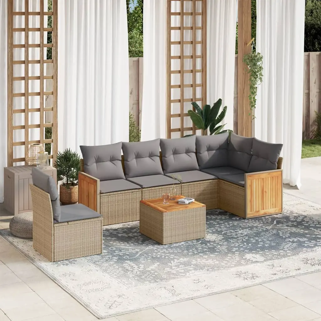 Set Divani da Giardino 7 pz con Cuscini Beige in Polyrattan