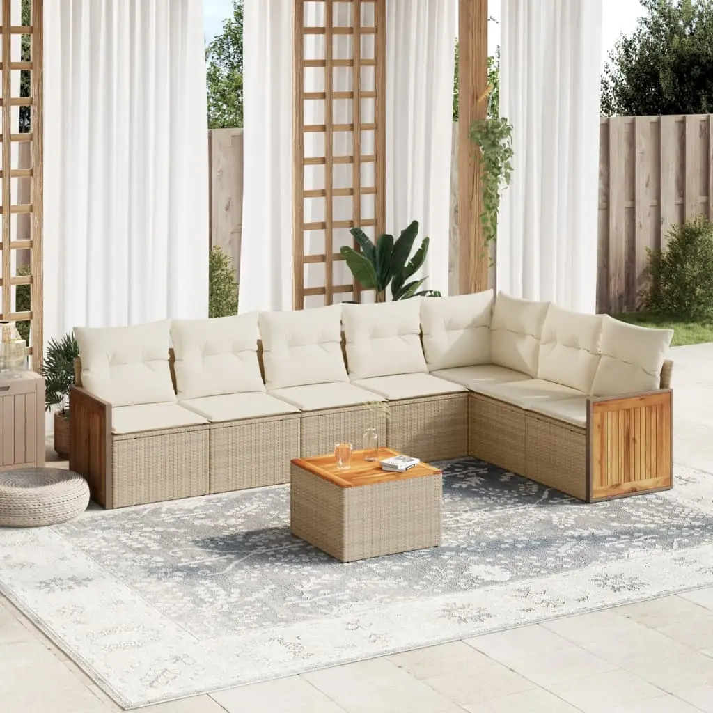 Set Divano da Giardino 8 pz con Cuscini Beige in Polyrattan