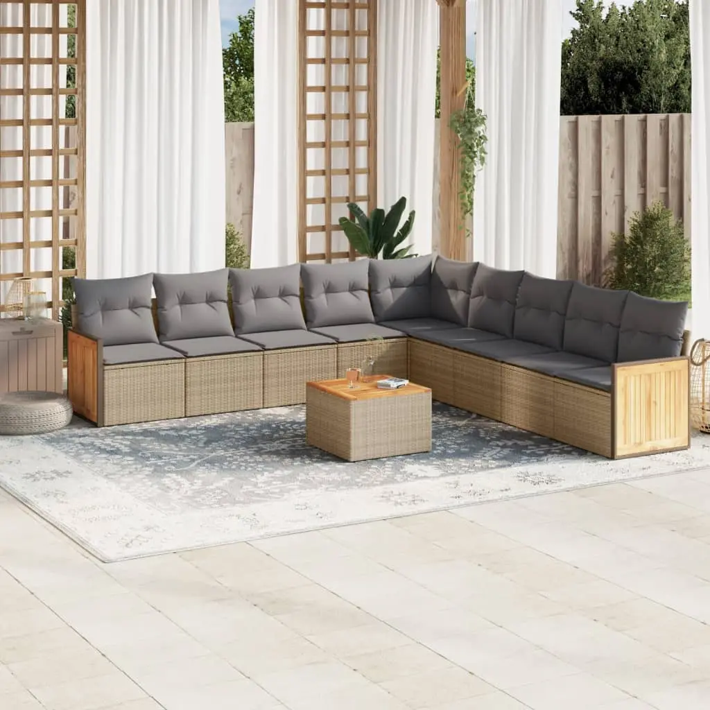 Set Divano da Giardino 10 pz con Cuscini Beige in Polyrattan