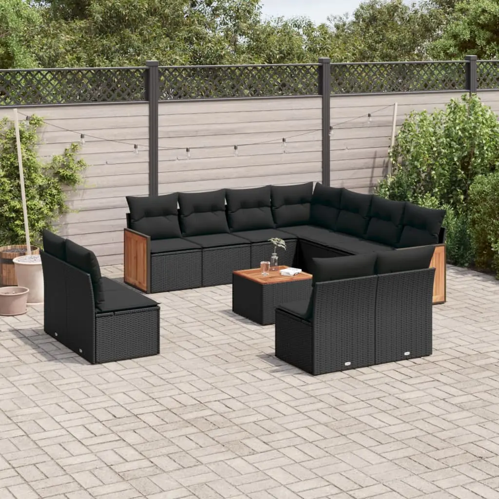 Set Divani da Giardino 12 pz con Cuscini Nero in Polyrattan