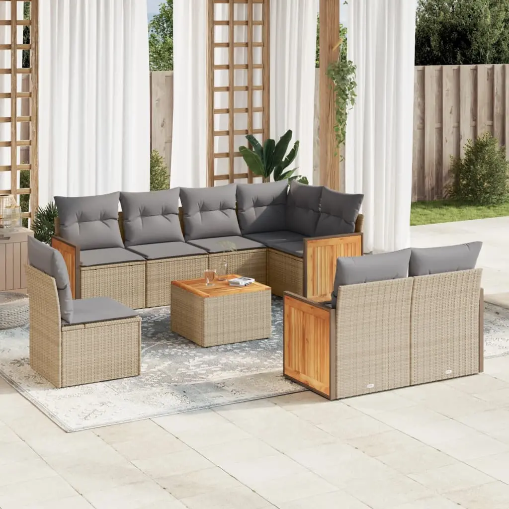 Set Divano da Giardino 9 pz con Cuscini Beige in Polyrattan