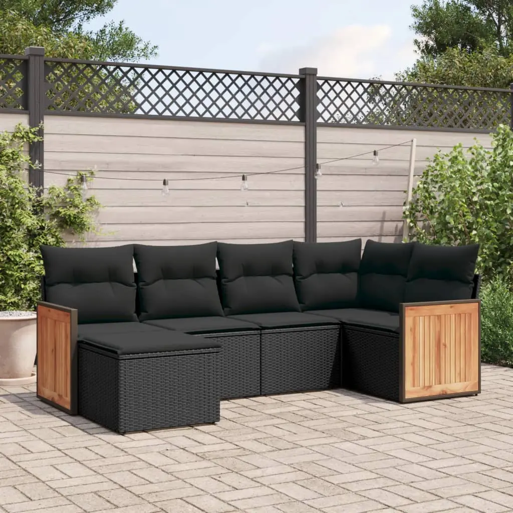 Set Divano da Giardino 6 pz con Cuscini Nero in Polyrattan