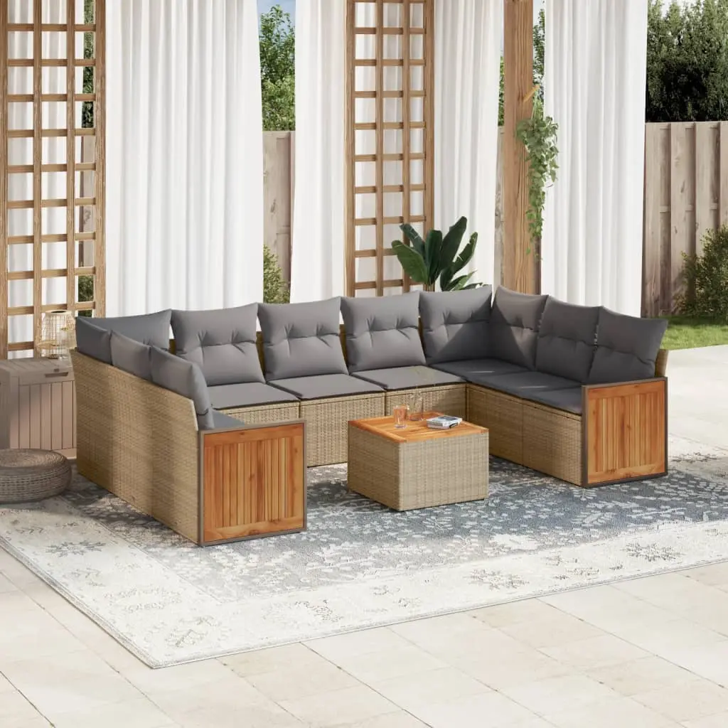 Set Divano da Giardino 10 pz con Cuscini Beige in Polyrattan