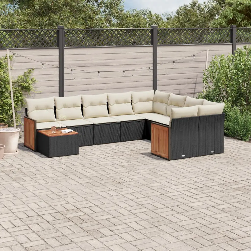 Set Divani da Giardino 10pz con Cuscini in Polyrattan Nero